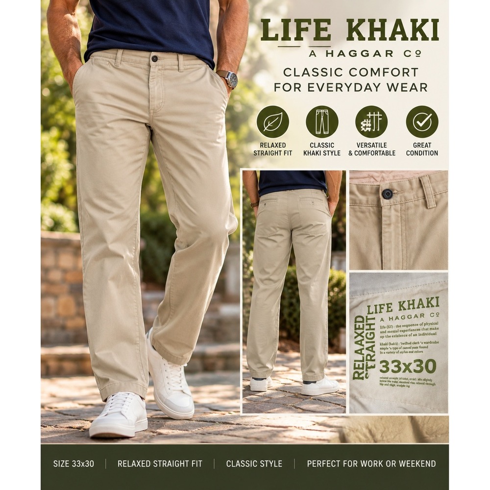 Life Khaki by Haggar Men's 33x30 Khaki Relaxed Straight Chino Pants Flat Front